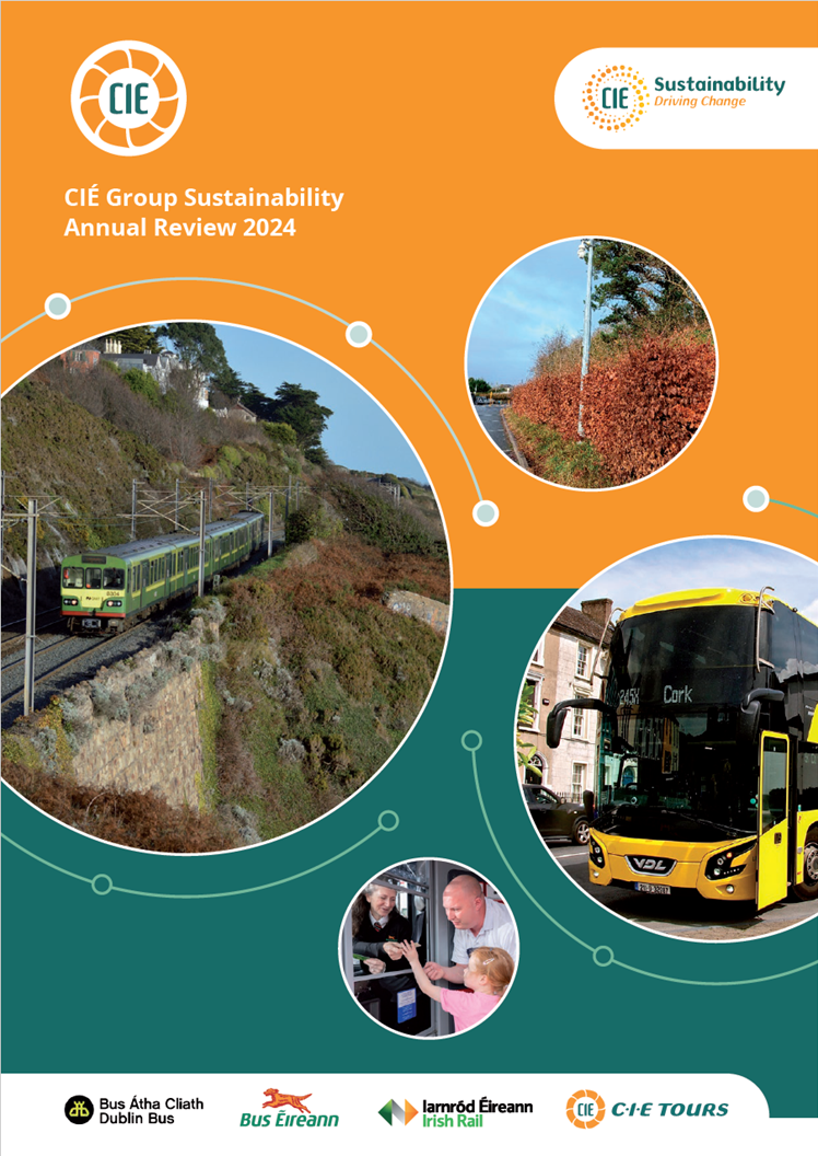 front cover of 2024 sustainability annual review, images of the DART and a Cork Bus 